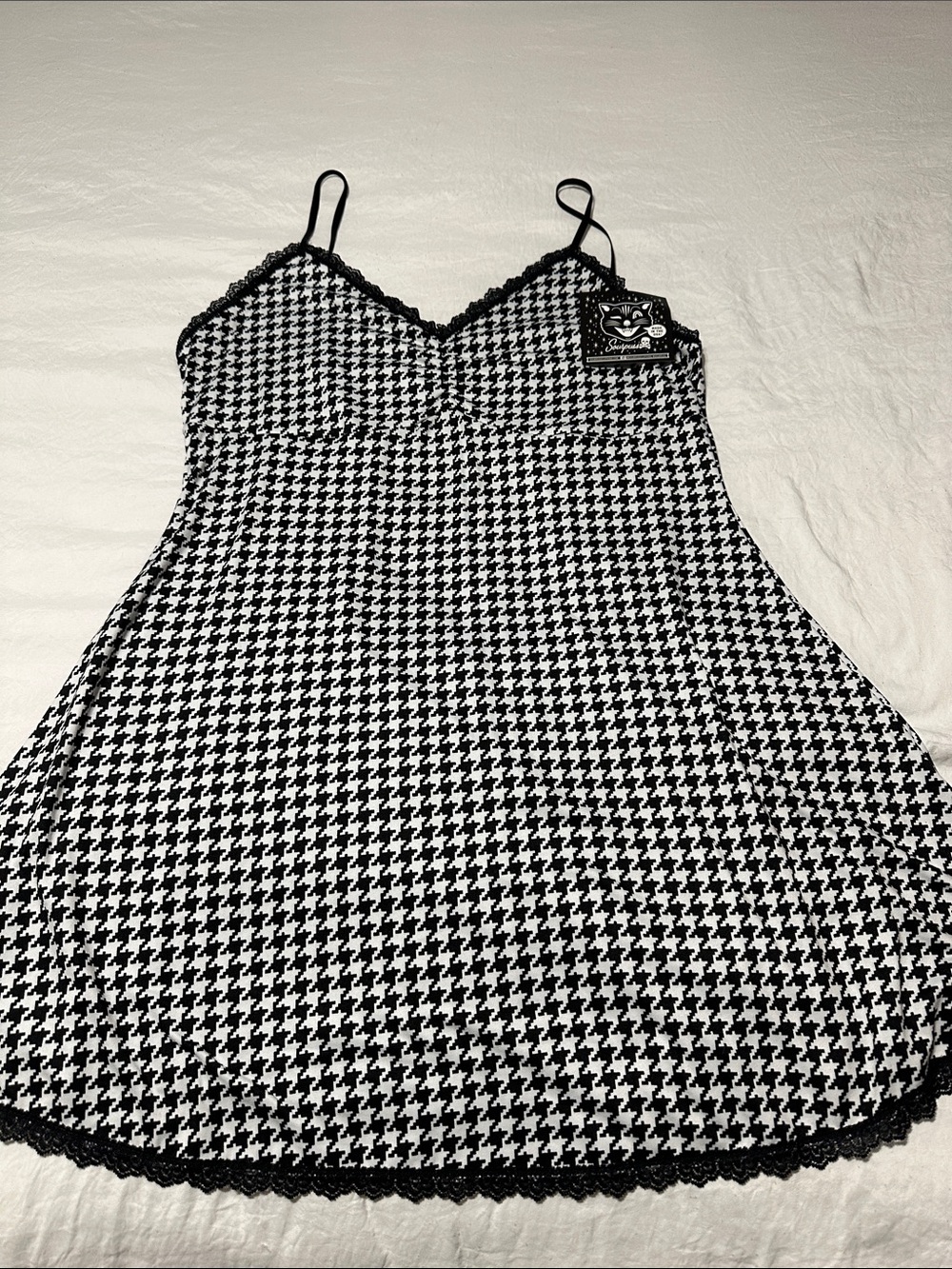 Sourpuss Black & White Houndstooth Slip with Lace Trim